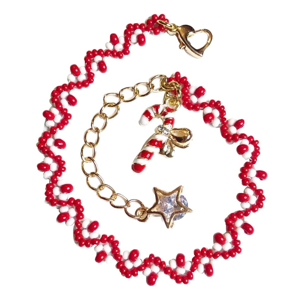 Christmas Holiday Bracelet Charms Gold Red White Candy cane Star Beaded Woven NW - Picture 1 of 4